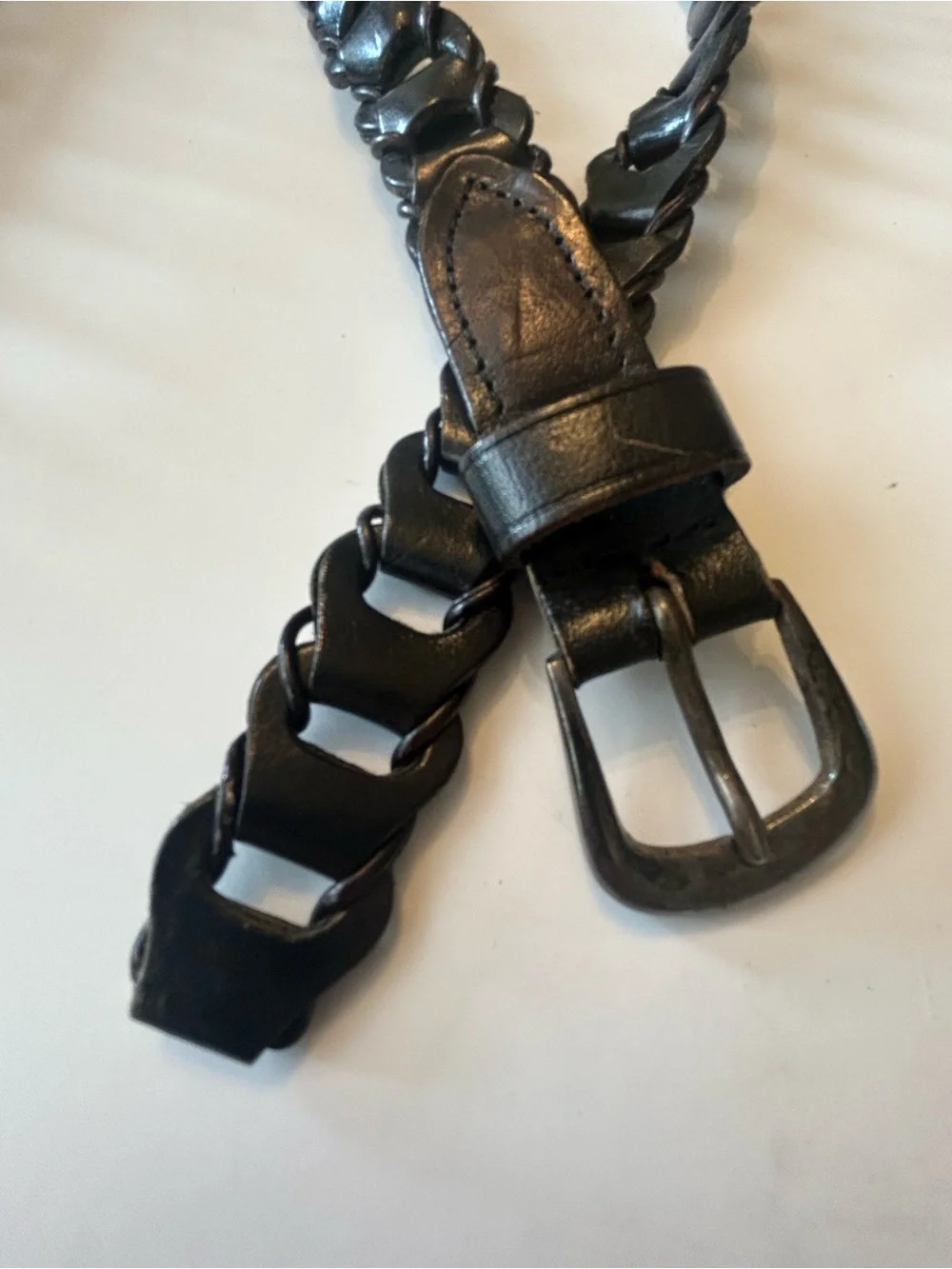 Genuine, leather, black, braided, thin women’s belt w/gunmetal buckle size M